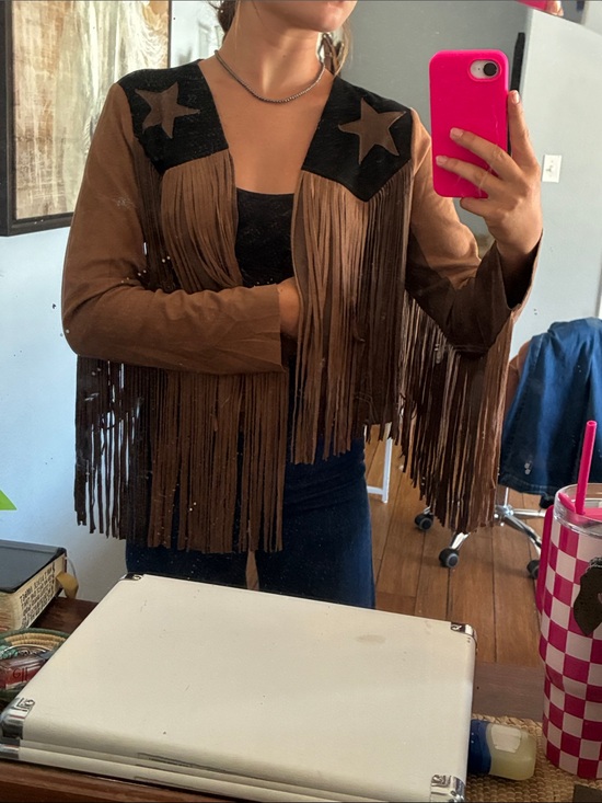 Johnny Was Jackets & Blazers - Johnny Was Brown Suede Fringe Jacket with Black Star Yoke